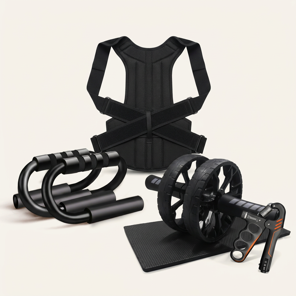 Maniglie fitness, supporto lombare e kit con ab roller e hand grip su sfondo chiaro
